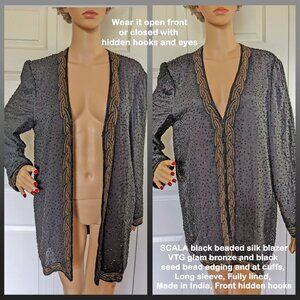 SCALA black beaded silk blazer, VTG glam bronze/black seed bead edging, 42 bust